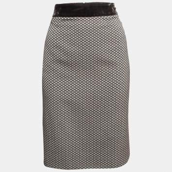 Pre Owned Armani Collezioni Brown Velvet Trim Check Jacquard Pencil Skirt XL