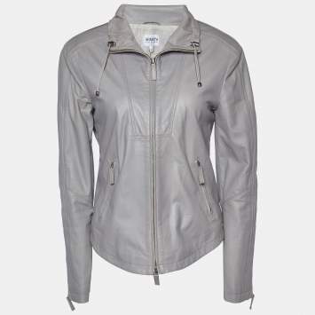 Pre Owned Armani Collezioni Grey Leather Zip Up Jacket M