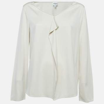 Pre Owned Armani Collezioni Cream Satin Silk Ruffled Blouse L