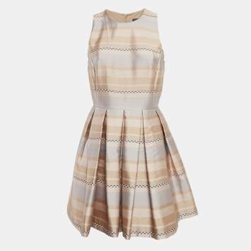 Pre Owned Armani Exchange Beige Stripe Crepe Pleated Mini Dress M