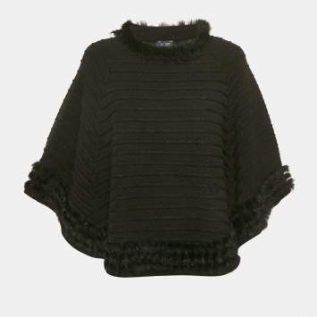 Pre Owned Armani Jeans Black Rabbit Fur Trim Knit Poncho S