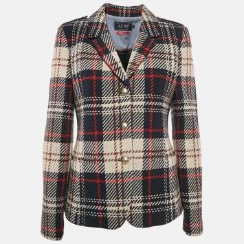 Pre Owned Armani Jeans Navy Blue/Multicolor Tweed Button Front Jacket M