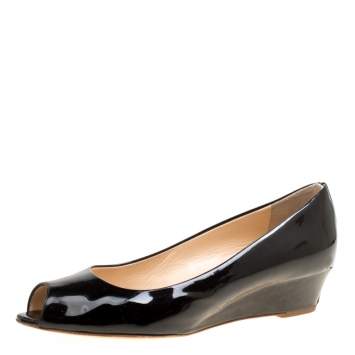 Pre Owned Giuseppe Zanotti Black Patent Leather Wedge Heel Peep Toe Pumps Size 38.