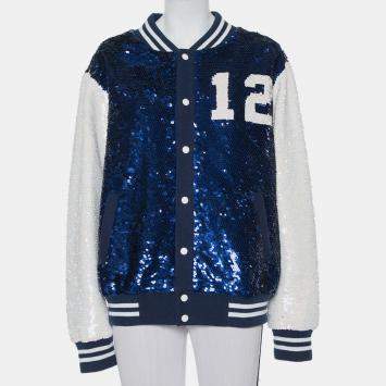 Ashish Navy Blue & White Sequin Embellished Button Front Jacket M