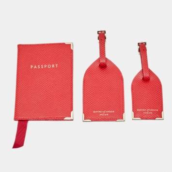 Pre Owned Aspinal of London Red Lizard Embossed Leather Passport and Luggage Tag Set