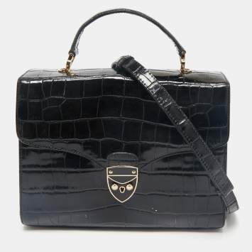 Aspinal Of London Black Croc Embossed Leather Mayfair Top Handle Bag