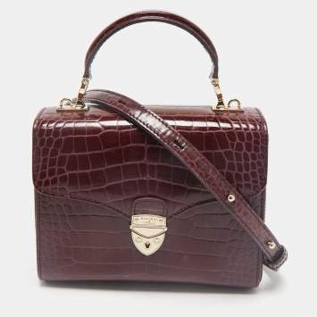 Aspinal of London Burgundy Croc Embossed Leather Small Mayfair Top Handle Bag