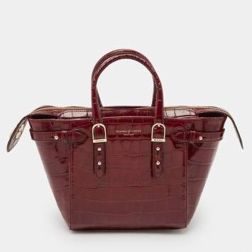 Pre Owned Aspinal of London Burgundy Croc Embossed Leather Marylebone Top Handle Bag