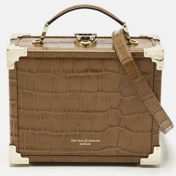 Aspinal Of London Tan Croc Embossed Leather Trunk Top Handle Bag