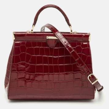 Pre Owned Aspinal Of London Burgundy Croc Embossed Leather Top Handle Bag