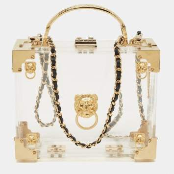 Pre Owned Aspinal Of London Gold/Clear Acrylic Trunk Top Handle Bag