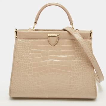 Pre Owned Aspinal Of London Florence Small Beige Croc Embossed Patent Leather Top Handle Bag