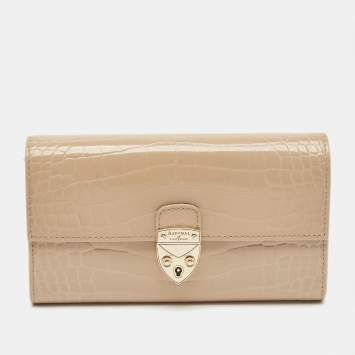 Pre Owned Aspinal Of London Mayfair Beige Croc Embossed Patent Leather Continental Wallet