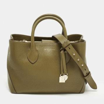 Pre Owned Aspinal Of London Midi London Olive Green Leather Tote