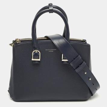Pre Owned Aspinal Of London Midi Madison Navy Blue Leather Tote
