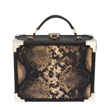 Pre Owned Aspinal of London Brown Leather and Python Effect Mini Trunk Top Handle Bag