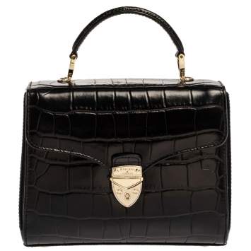 Pre Owned Aspinal of London Black Croc Embossed Leather Small Mayfair Top Handle Bag