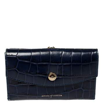 Pre Owned Aspinal Of London Blue Crocodile Embossed Leather Bifold Wallet