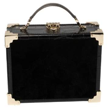 Pre Owned Aspinal of London Black Croc Emboosed Leather and Velvet Trinket Top Handle Bag 