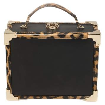 Pre Owned Aspinal Of London Black/Beige Leather and Coated Canvas Trunk Top Handle Bag