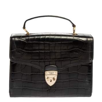 Pre Owned Aspinal Of London Black Croc Embossed Leather Mayfair Top Handle Bag