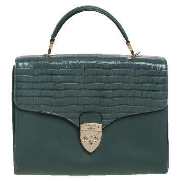 Pre Owned Aspinal Of London Green Croc Embossed and Leather Mayfair Top Handle Bag