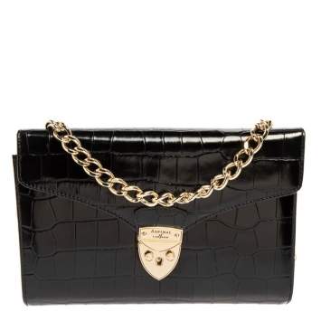 Pre Owned Aspinal Of London Black Croc Embossed Leather Chain Mayfair Shoulder Bag
