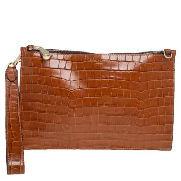 Pre Owned Aspinal Of London Brown Croc Embossed Leather Soho Wristlet Clutch