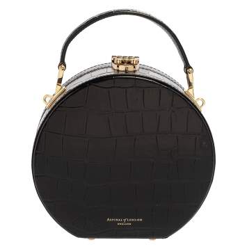 Pre Owned Aspinal Of London Black Croc Embossed Leather Hat Box Shoulder Bag