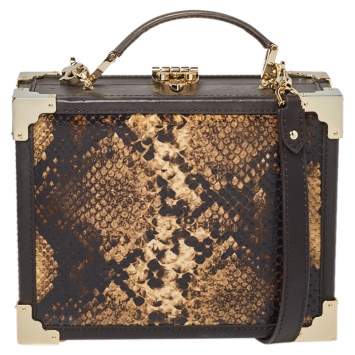 Pre Owned Aspinal of London Brown Leather and Python Effect Trunk Top Handle Bag