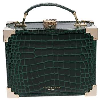 Pre Owned Aspinal of London Green Croc Embossed Leather Trinket Top Handle Bag 