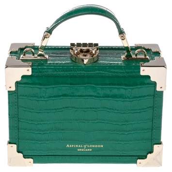 Pre Owned Aspinal Of London Green Croc Embossed Leather Micro Trunk Top Handle Bag