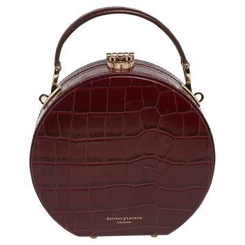 Pre Owned Aspinal Of London Burgundy Croc Embossed Leather Hat Box Shoulder Bag