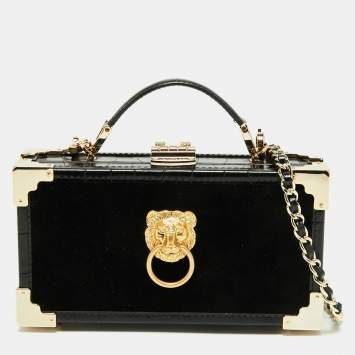 Pre Owned Aspinal Of London Black Velvet and Croc Embossed Leather Lion Trinket Top Handle Bag