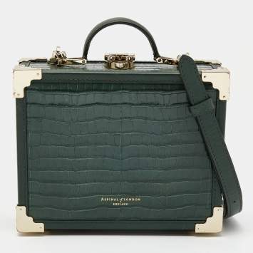Pre Owned Aspinal of London Green Croc Embossed Leather Mini Trunk Top Handle Bag