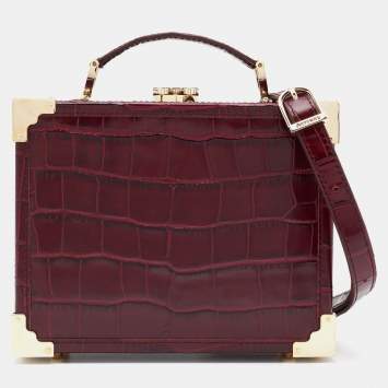 Pre Owned Aspinal Of London Burgundy Croc Embossed Leather Trunk Top Handle Bag