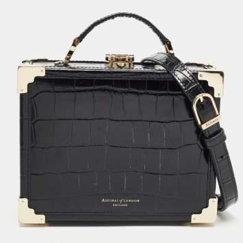 Pre Owned Aspinal Of London Black Croc Embossed Glossy Leather Trunk Top Handle Bag