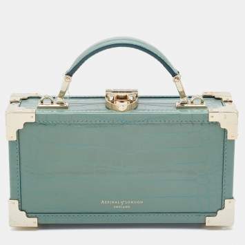 Pre Owned Aspinal of London Green Croc Emboosed Patent Leather Trinket Top Handle Bag 