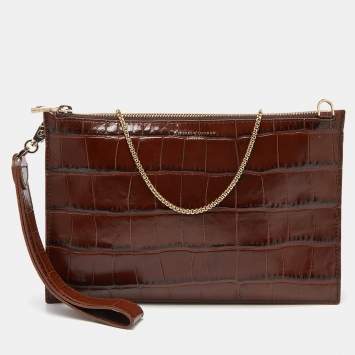 Pre Owned Aspinal Of London Brown Croc Embossed Leather Soho Clutch