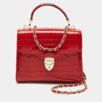 Pre Owned Aspinal of London Red Croc Embossed Leather Small Mayfair Top Handle Bag