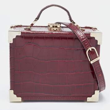 Pre Owned Aspinal Of London Burgundy Croc Embossed Leather Trunk Top Handle Bag