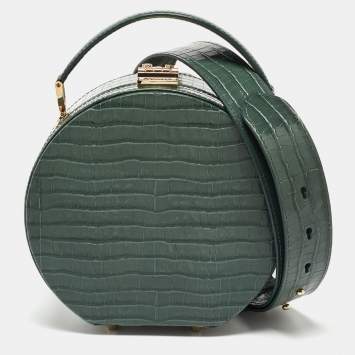Pre Owned Aspinal Of London Green Croc Embossed Leather Hat Box Top Handle Bag