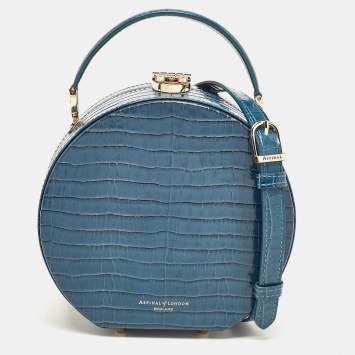 Pre Owned Aspinal Of London Teal Blue Croc Embossed Leather Hat Box Shoulder Bag