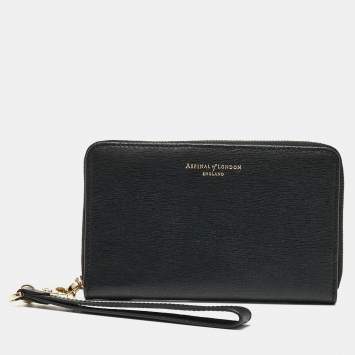 Pre Owned Aspinal Of London Black Leather Zip Around Wristlet Wallet