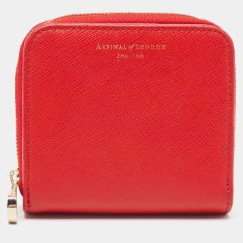 Aspinal Of London Red Leather Zip Around Compact Wallet