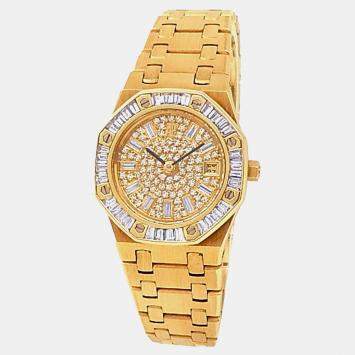 Pre Owned Audemars Piguet Royal Oak 66464BA.Z.0722BA.01 Automatic Diamonds 18K Yellow Gold Women’s Wristwatch 25 mm