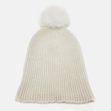 Autumn Cashmere White Purl Knit Fox Fur Pom Pom Beanie