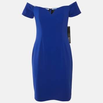 Pre Owned Badgley Mischka Blue Crepe Off Shoulder Mini Dress M