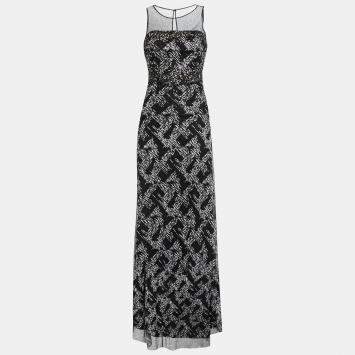 Pre Owned Badgley Mischka Black Sheer Yoke Beaded Sleeveless Evening Gown S