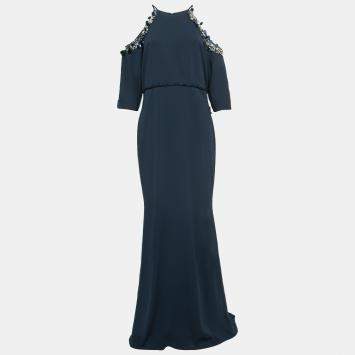 Pre Owned Badgley Mischka Navy Blue Crepe Embellished Gown XL
